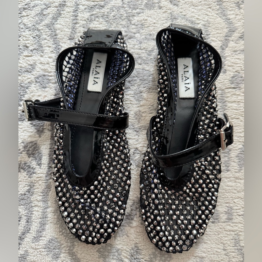 Black Fishnet Studded Ballet Flats Women's Shoes 37